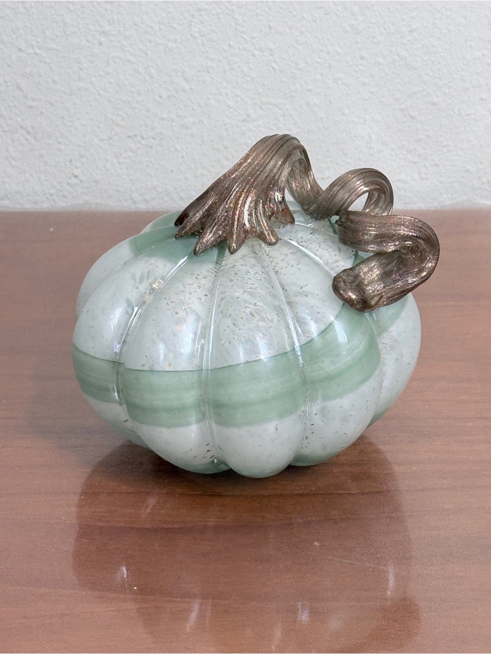 Mikasa Seafoam Green & White Glass Pumpkin with Metallic Bronze Stem 5.5-inch